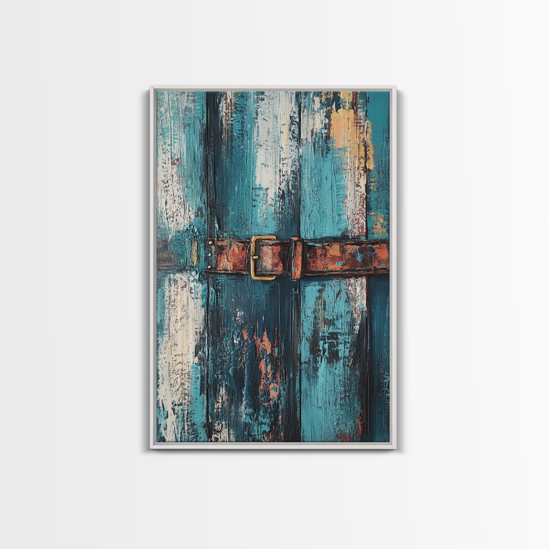 Rustic blue door, worn leather belt, southwest wall art, farmhouse art, textured painting, wabi sabi art, framed canvas print, rustic decor