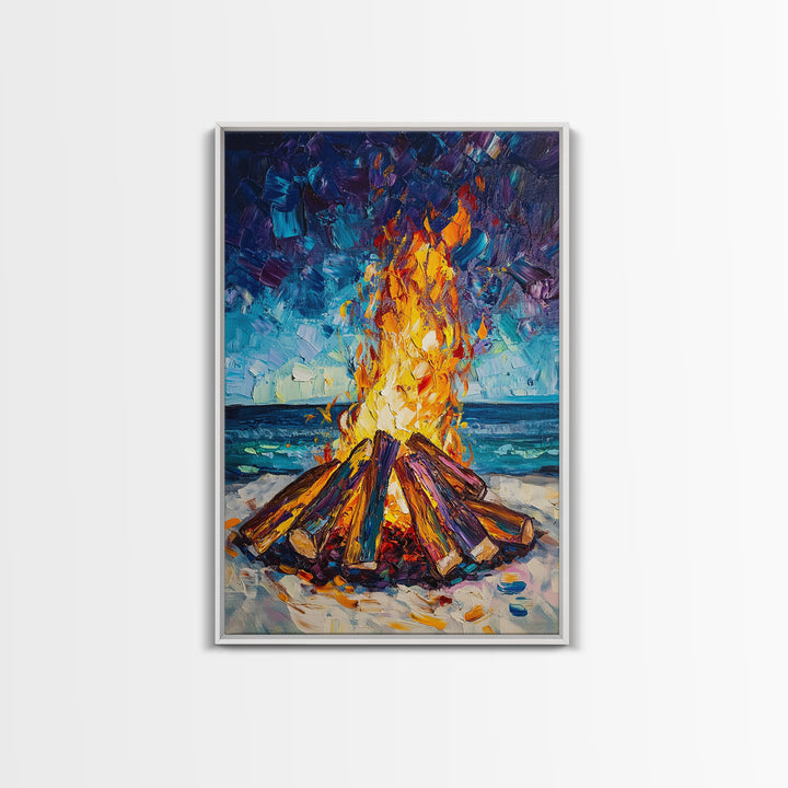 Beach Bonfire, coastal painting, moody art, seascape painting, coastal decor, nautical painting, original painting, framed canvas print