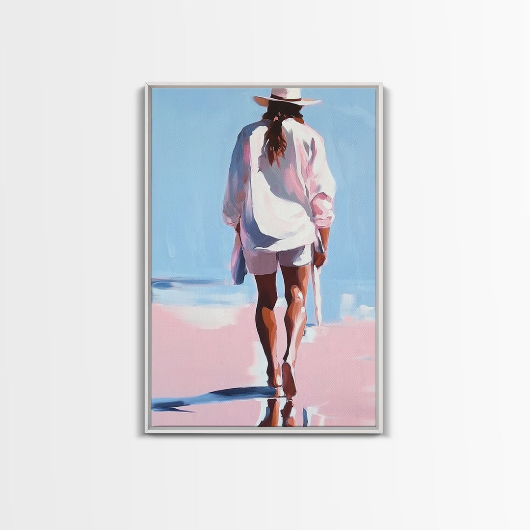 Beach Walk, coastal cowgirl wall art, boho art, pink orange wall art, light pink wall art, coastal decor, framed canvas print