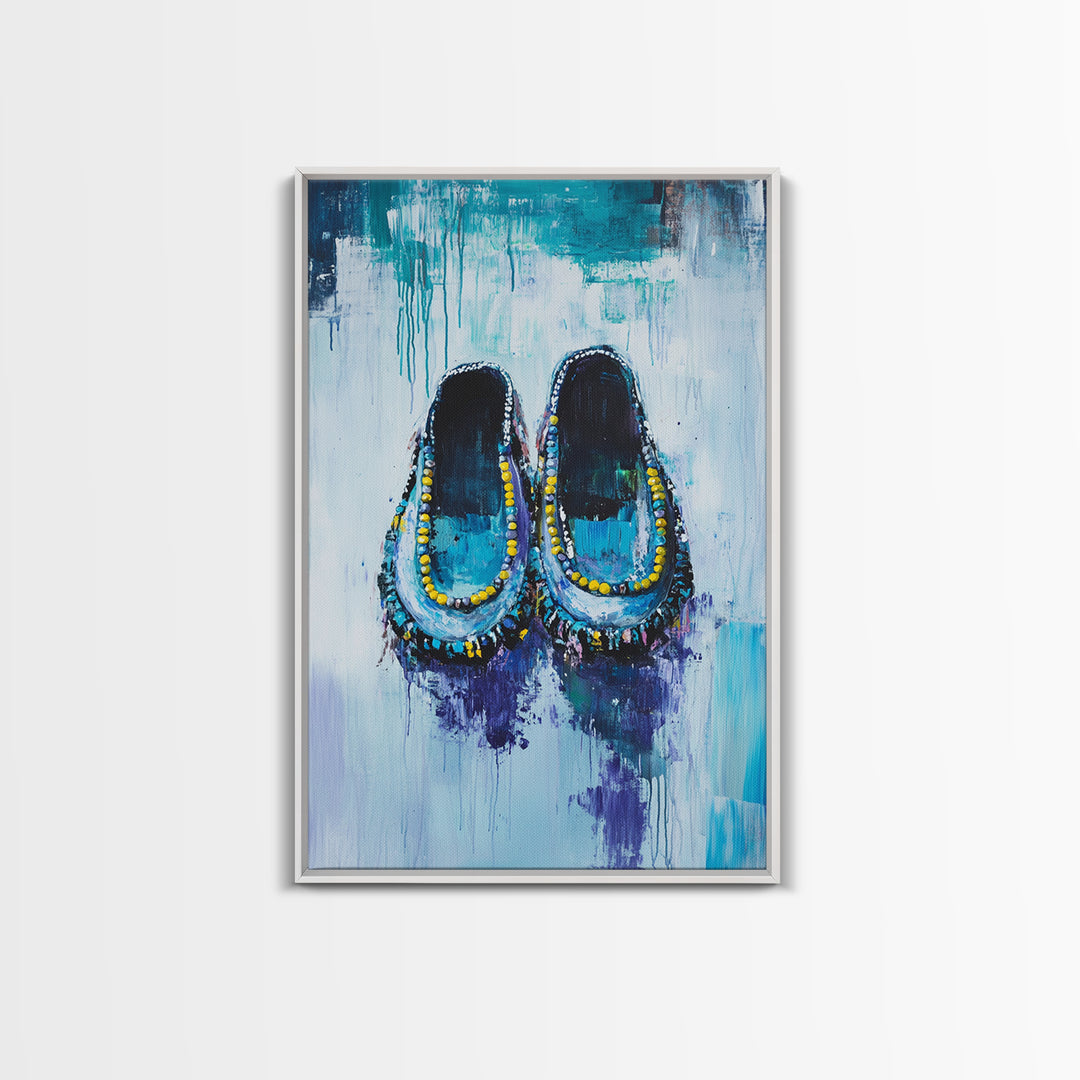 Blue Moccasins, boho art, whimsical art, teal wall art, folk art, rustic art, gift idea for her, original painting, canvas print