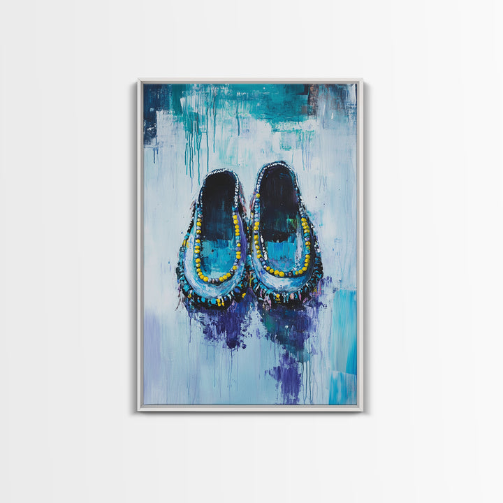Blue Moccasins, boho art, whimsical art, teal wall art, folk art, rustic art, gift idea for her, original painting, canvas print