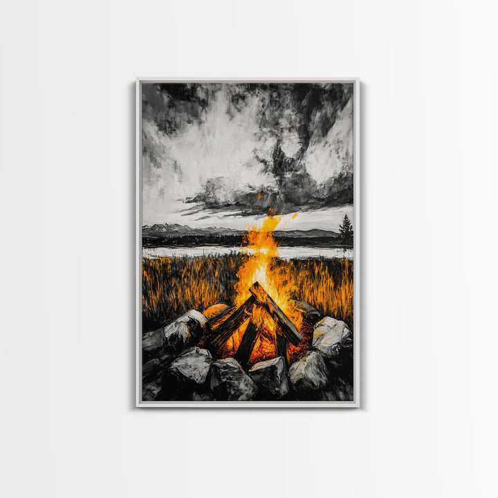 Campfire Painting, Moody Art, Rustic Wall Decor, Fire Pit Artwork, Black White Orange Art, Framed Canvas Print, Cabin Wall Art