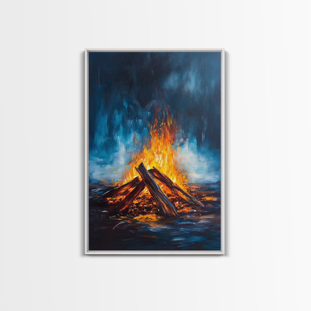 Bonfire Night, Moody Art, Rustic Decor, Canvas Print, Fire Art, Dark Romance Painting, Fall Wall Art, Cozy Living Room Art, Gift Idea