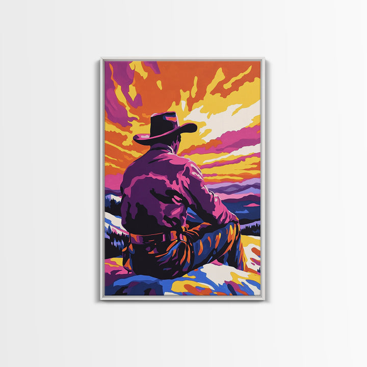 Cowboy at Sunset, western decor, southwest wall art, pink orange wall art, gift idea for him, moody art, panoramic art, Canvas Print