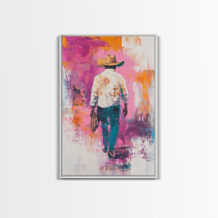 Cowboy Walking, chicano art, western aesthetic, rustic wall art, farmhouse art, moody art, bold colors, Framed Canvas Print