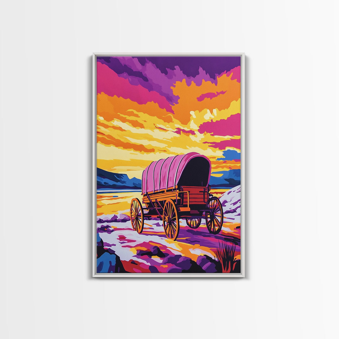 Colorful Wagon, pink orange wall art, landscape painting, southwest wall art, farmhouse art, boho art, framed canvas print, above bed art