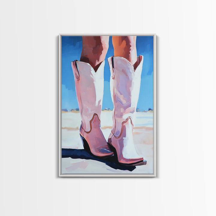 Cowgirl Boots, coastal cowgirl wall art, pink abstract art, rustic art, fashion painting, boho art, framed canvas print, gift idea