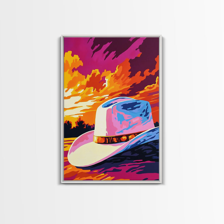 Cowboy Hat, Sunset Art, Rustic Wall Art, Pink Orange Wall Art, Canvas Print, Western Decor, Farmhouse Art, Above Couch Art