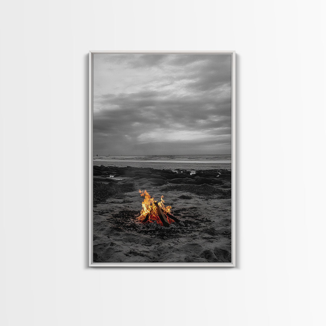 Beach bonfire, coastal art, ocean sunset, framed canvas print, nautical decor, seascape painting, cozy fire, moody beach art, fall vibes