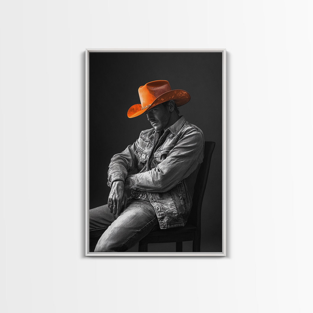 Cowboy portrait, rustic art, western style, framed canvas print, country decor, cowboy hat, moody photography, black and white wall art