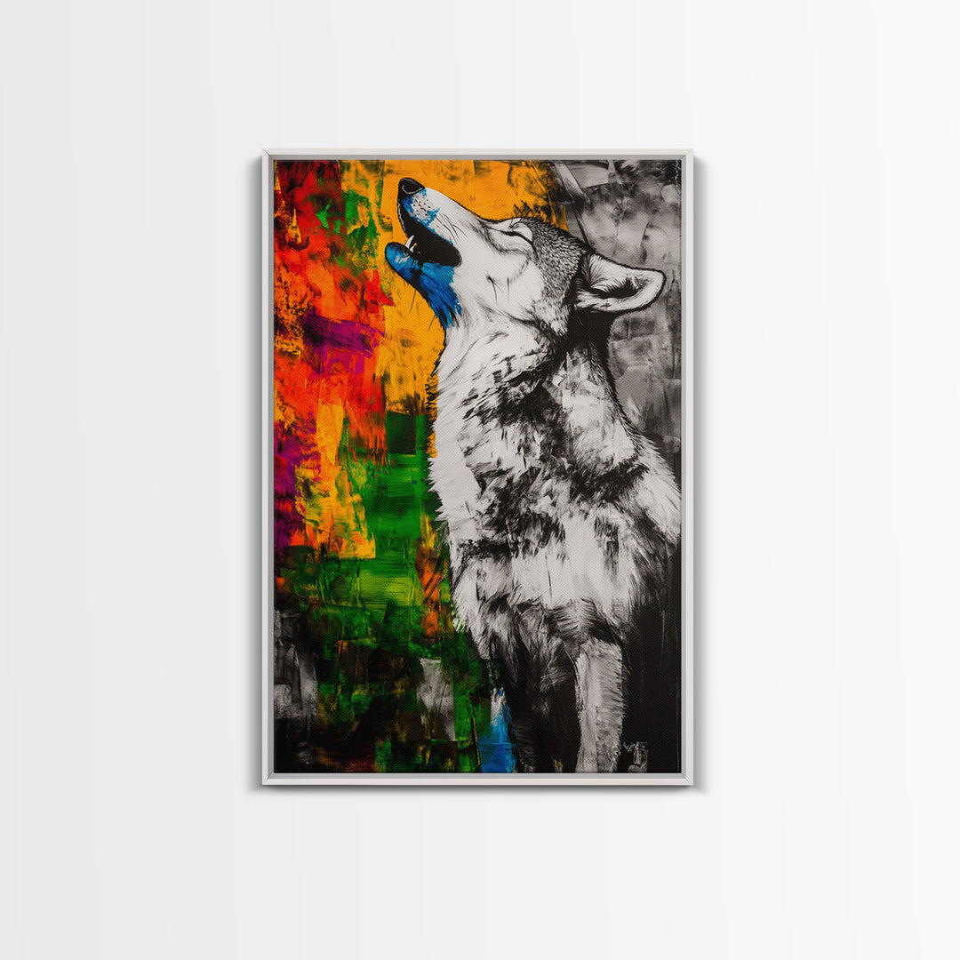 Black and White Wolf, graffiti wall art, rustic decor, moody art, southwest wall art, framed canvas print, dark romance painting