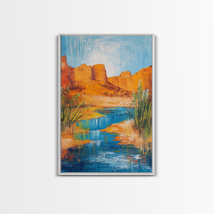 Desert Oasis, vivid landscape, blue water, rustic nature art, warm tones, panoramic painting, framed canvas print, southwest wall art