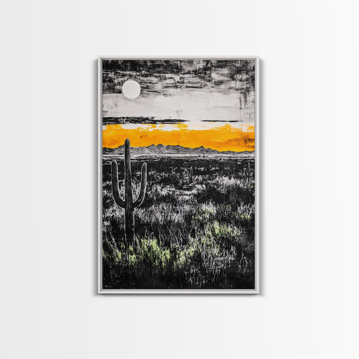 Cactus Sunset, black and white, moody desert art, yellow skyline, Joshua tree art, framed canvas print, extra wide art, rustic decor