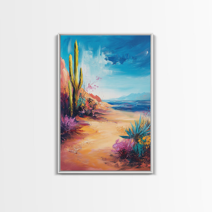Beach Cactus, coastal landscape, vibrant colors, blue sky, desert meets sea, framed canvas print, coastal cowgirl wall art, boho art