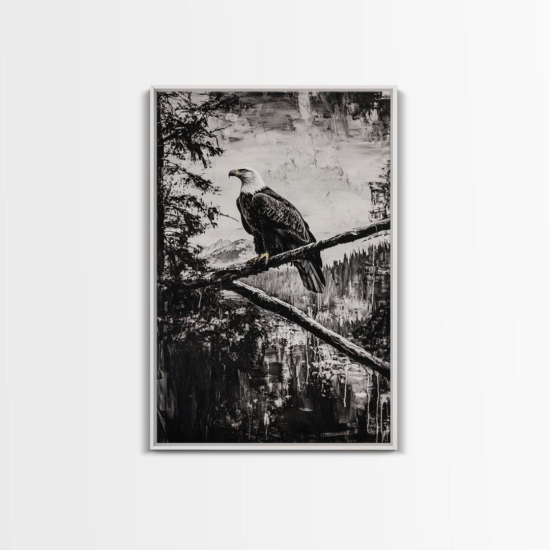 Bald Eagle, majestic bird, black and white, rustic decor, wildlife painting, nature art, framed canvas print, farmhouse wall art