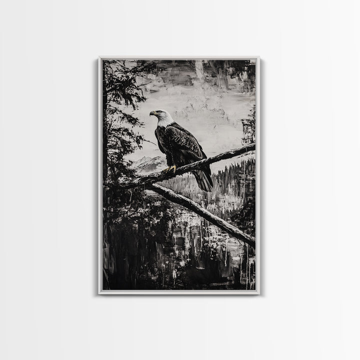 Bald Eagle, majestic bird, black and white, rustic decor, wildlife painting, nature art, framed canvas print, farmhouse wall art