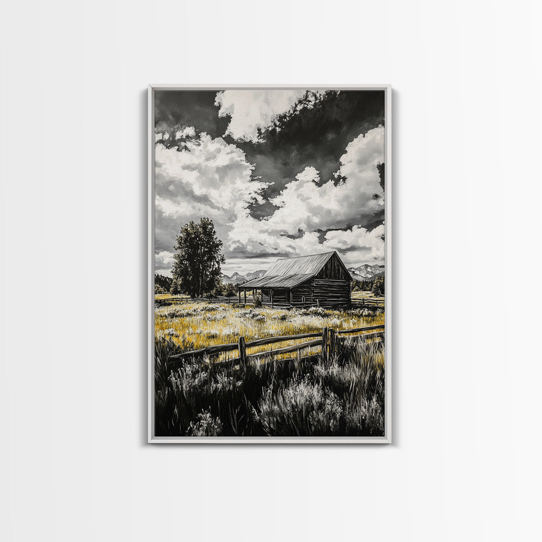 Rustic Barn, Farmhouse Art, Canvas Print, rustic wall art, barn landscape oil painting, smoky mountain art, wabi sabi wall art, vintage Christmas