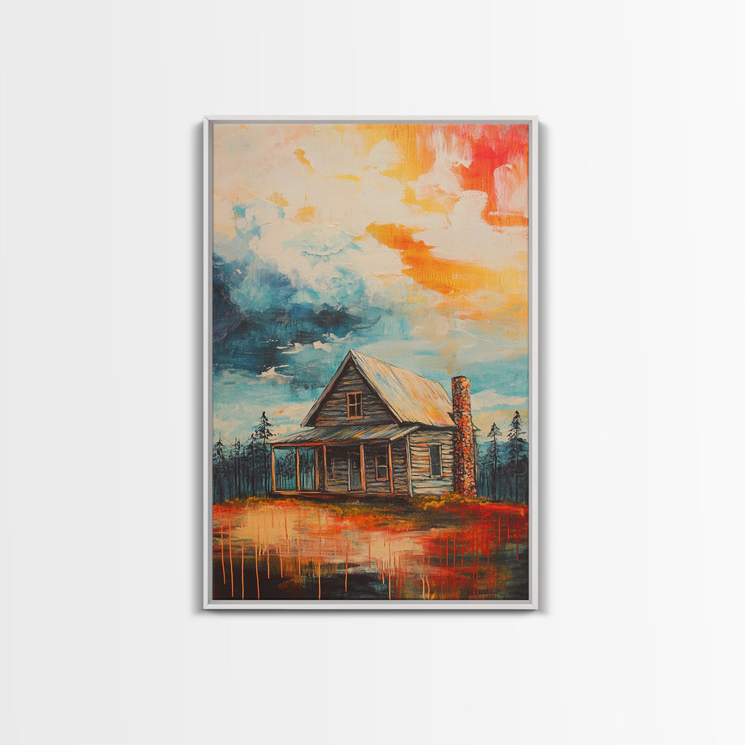 Cabin Painting, Autumn Landscape, Framed Canvas Print, rustic decor, mountain painting, landscape painting, smoky mountain art, extra wide art