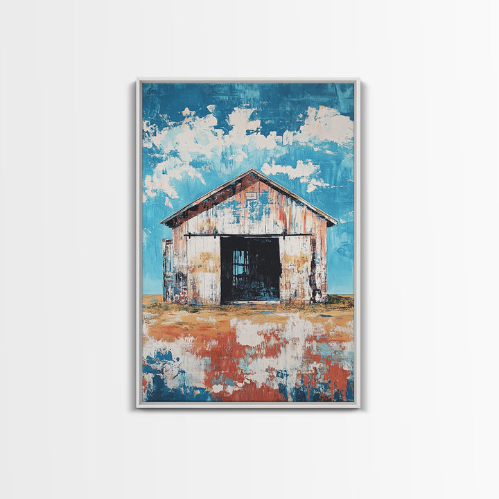 Rustic Barn, farmhouse art, landscape painting, blue and green wall art, extra wide art, panoramic art, Framed Canvas Print