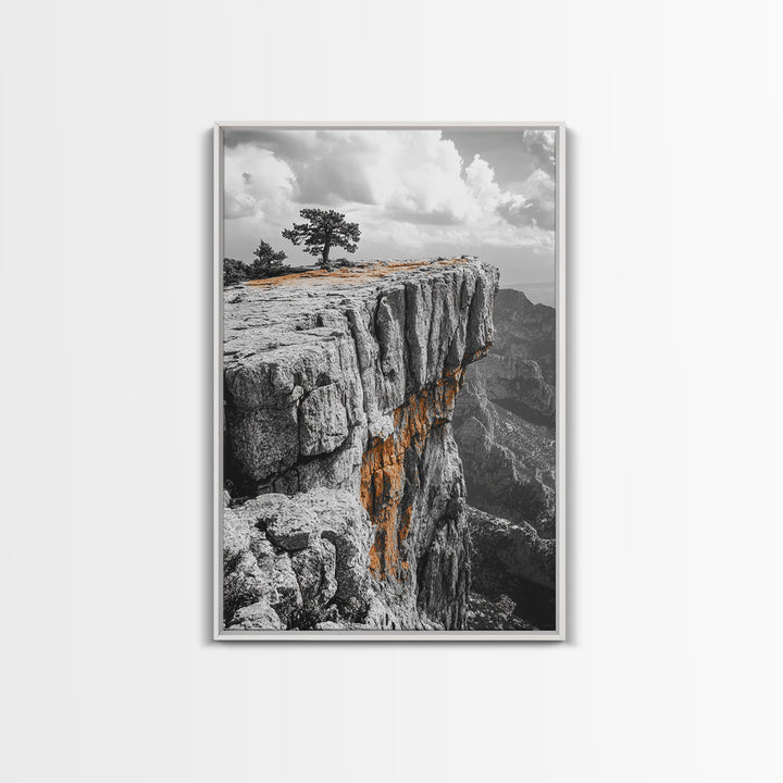 Cliffside View, Mountain Painting, Pine Tree Art, Nature Wall Art, Landscape Painting, Rustic Art, Framed Canvas Print, Moody Art