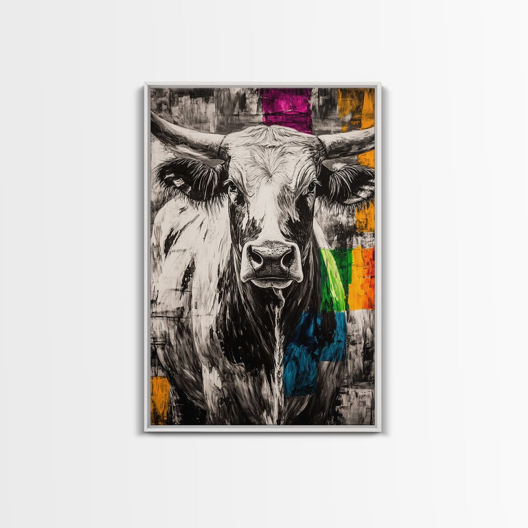 Black and White Cow, rustic art, farmhouse art, bull and bear art, southwest wall art, abstract animal painting, Framed Canvas Print