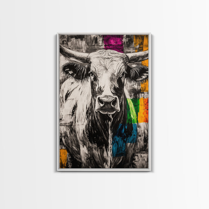 Black and White Cow, rustic art, farmhouse art, bull and bear art, southwest wall art, abstract animal painting, Framed Canvas Print