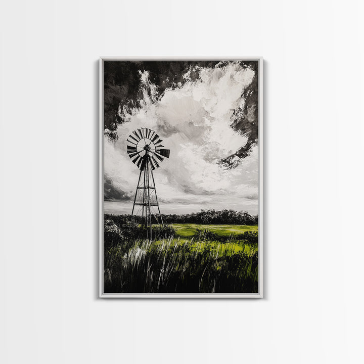 Black and White Windmill, windmill wall art, rustic decor, farmhouse art, landscape painting, framed canvas print, above bed wall art