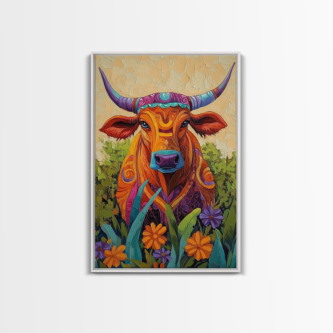 Colorful Bull Art, boho art, wabi sabi art, whimsical art, wildflower painting, framed canvas print, gift idea, rustic wall art