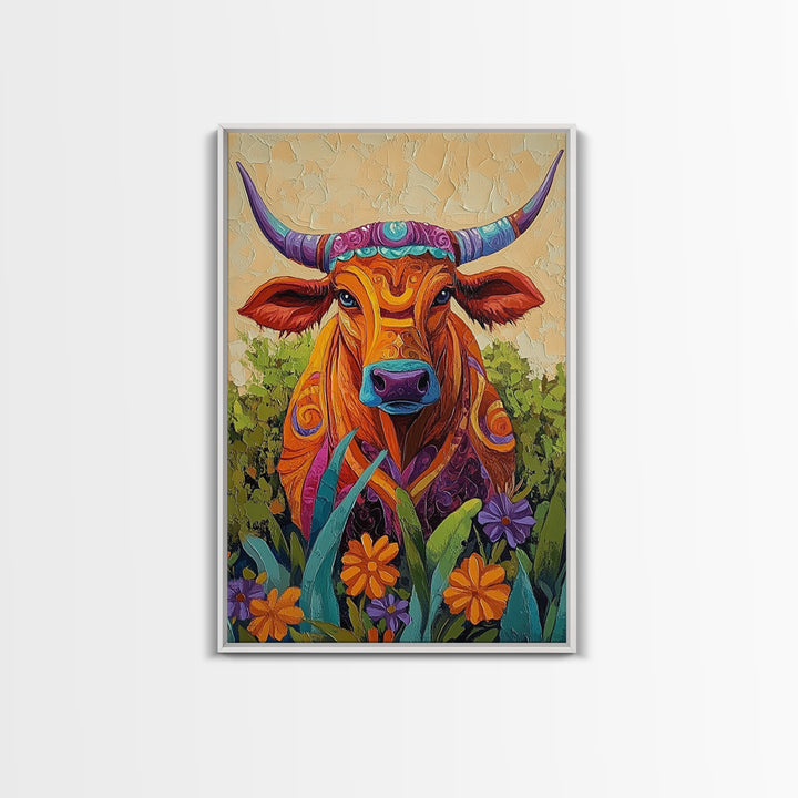 Colorful Bull Art, boho art, wabi sabi art, whimsical art, wildflower painting, framed canvas print, gift idea, rustic wall art