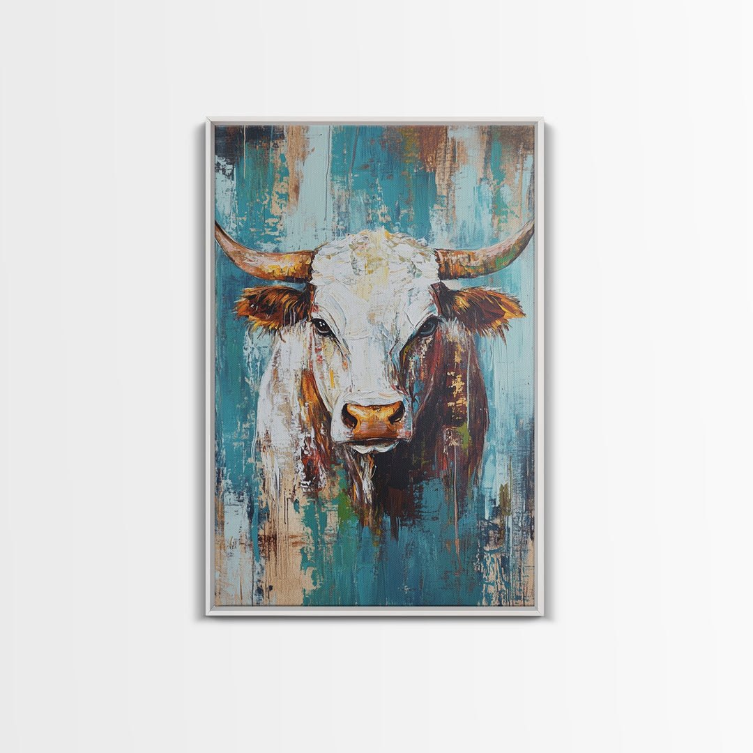 Rustic Cow Portrait, farmhouse art, rustic wall art, blue and green wall art, textured oil painting, canvas print, gift idea, wabi sabi art