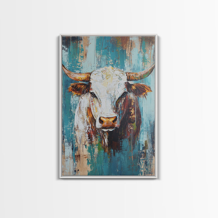 Rustic Cow Portrait, farmhouse art, rustic wall art, blue and green wall art, textured oil painting, canvas print, gift idea, wabi sabi art