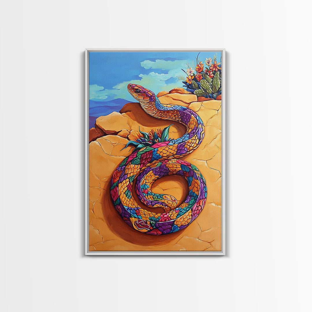 Coiled Snake, Vibrant Snake Art, Desert Landscape, Wildlife Art, Southwest Wall Art, Unique Decor, Framed Canvas Print
