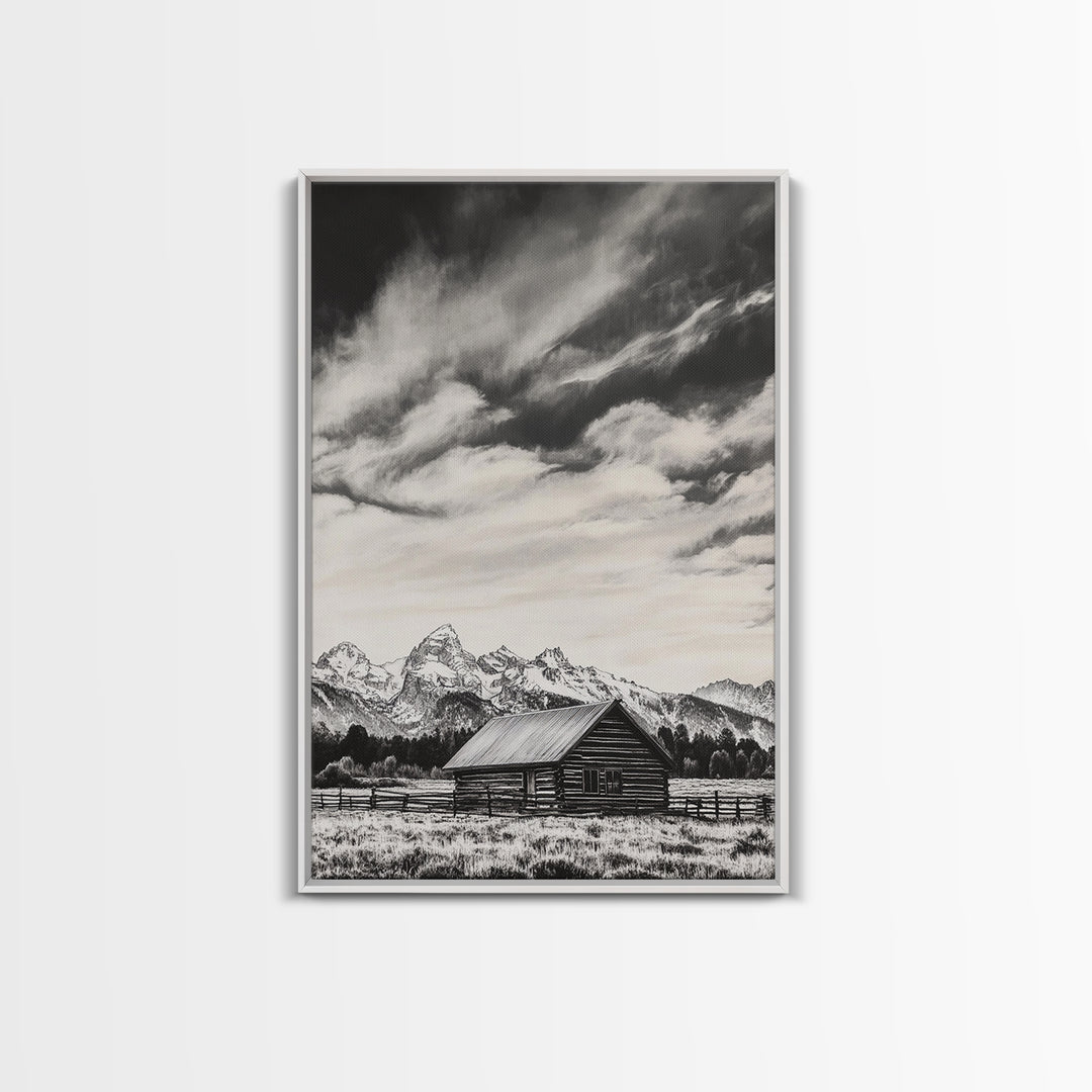 Rustic Cabin, Smoky Mountain Art, Black and White Landscape, Western Wall Art, Wabi Sabi Art, Farmhouse Decor, Canvas Print