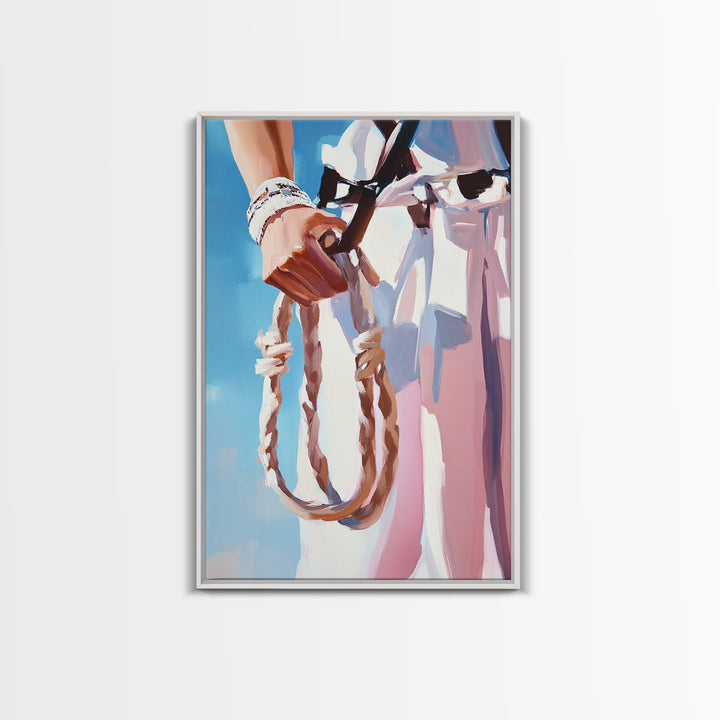 Cowgirl Holding Rope, Black Cowgirl Painting, Framed Canvas Print, Rustic Decor, Western Art, Feminine Art, Light Pink Wall Art