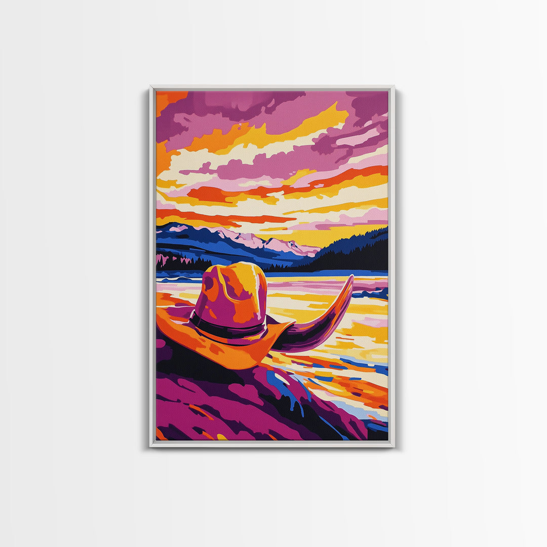 Cowgirl hat landscape, cowboy decor, rustic wall art, boho art, pink orange wall art, framed canvas print, western wall art, above bed art