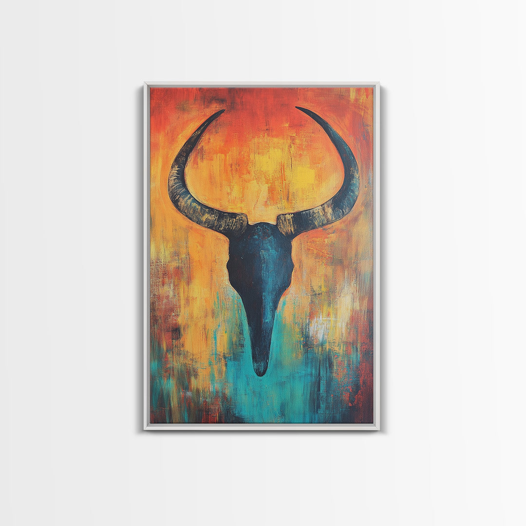 Bull skull painting, rustic wall art, western wall art, teal wall art, boho art, framed canvas print, farmhouse art, gift idea him
