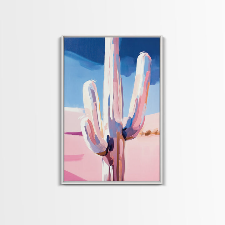 Abstract Cactus, Pastel Desert, Minimalist Landscape, Southwest Wall Art, Canvas Print, Vertical Wall Art, Boho Art, Light Pink Wall Art