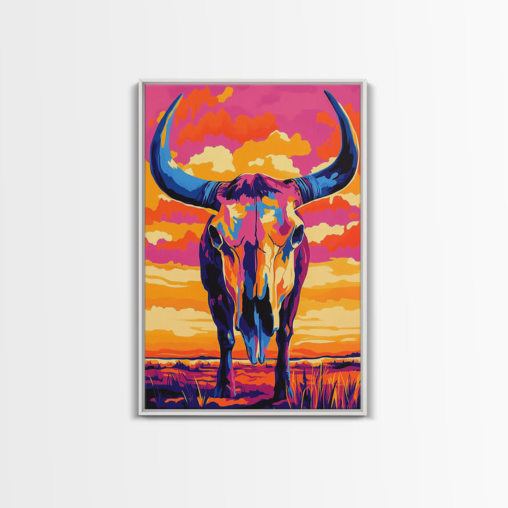 Bull Skull Art, Teal Wall Art, Rustic Wall Art, Framed Canvas Print, Moody Art, Boho Aesthetic, Extra Wide Art, Southwest Decor, Gift Idea