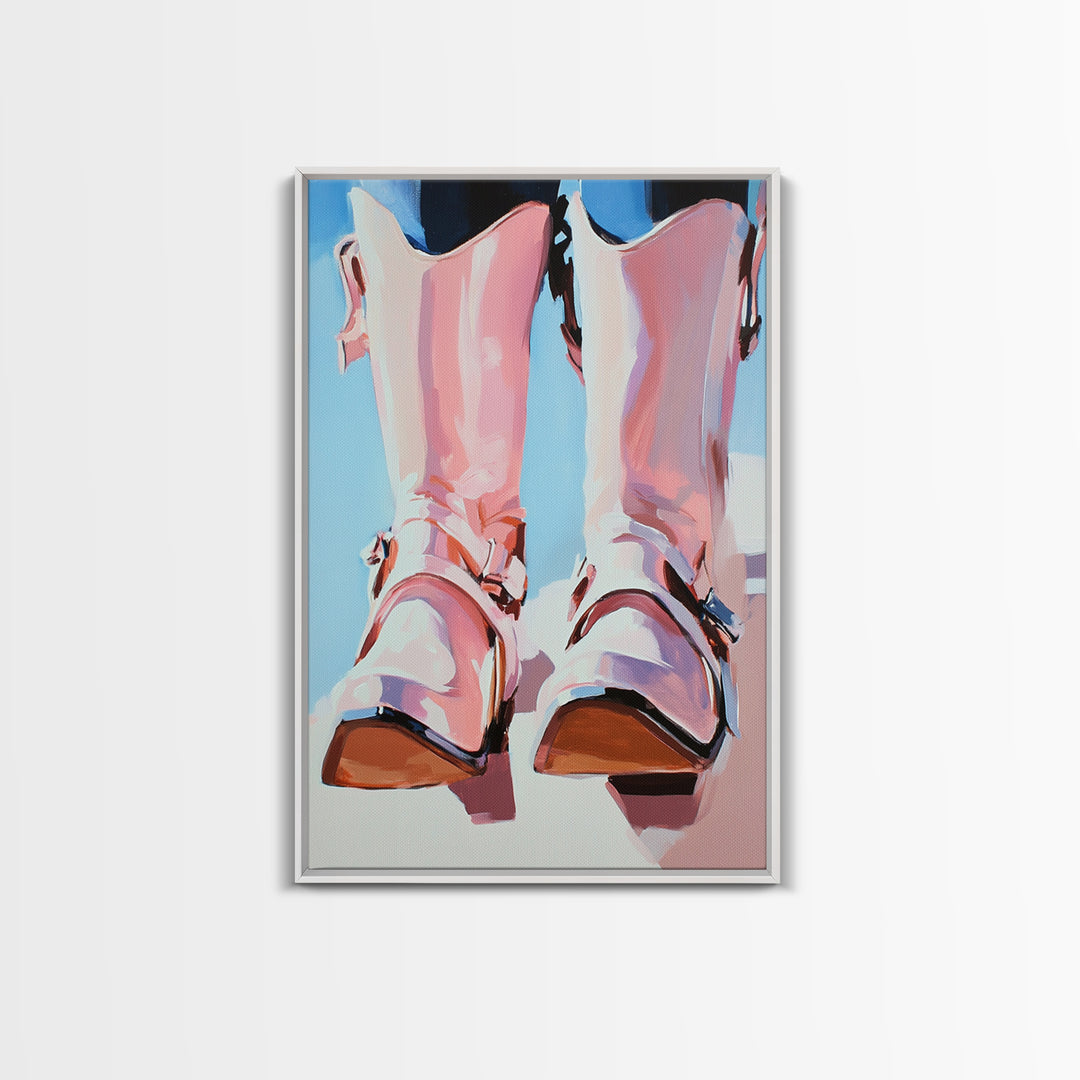 Cowboy Boots Painting, Coastal Cowgirl Wall Art, Western Decor, Farmhouse Art, Framed Canvas Print, Rustic Aesthetic, Bedroom Art, Gift Idea