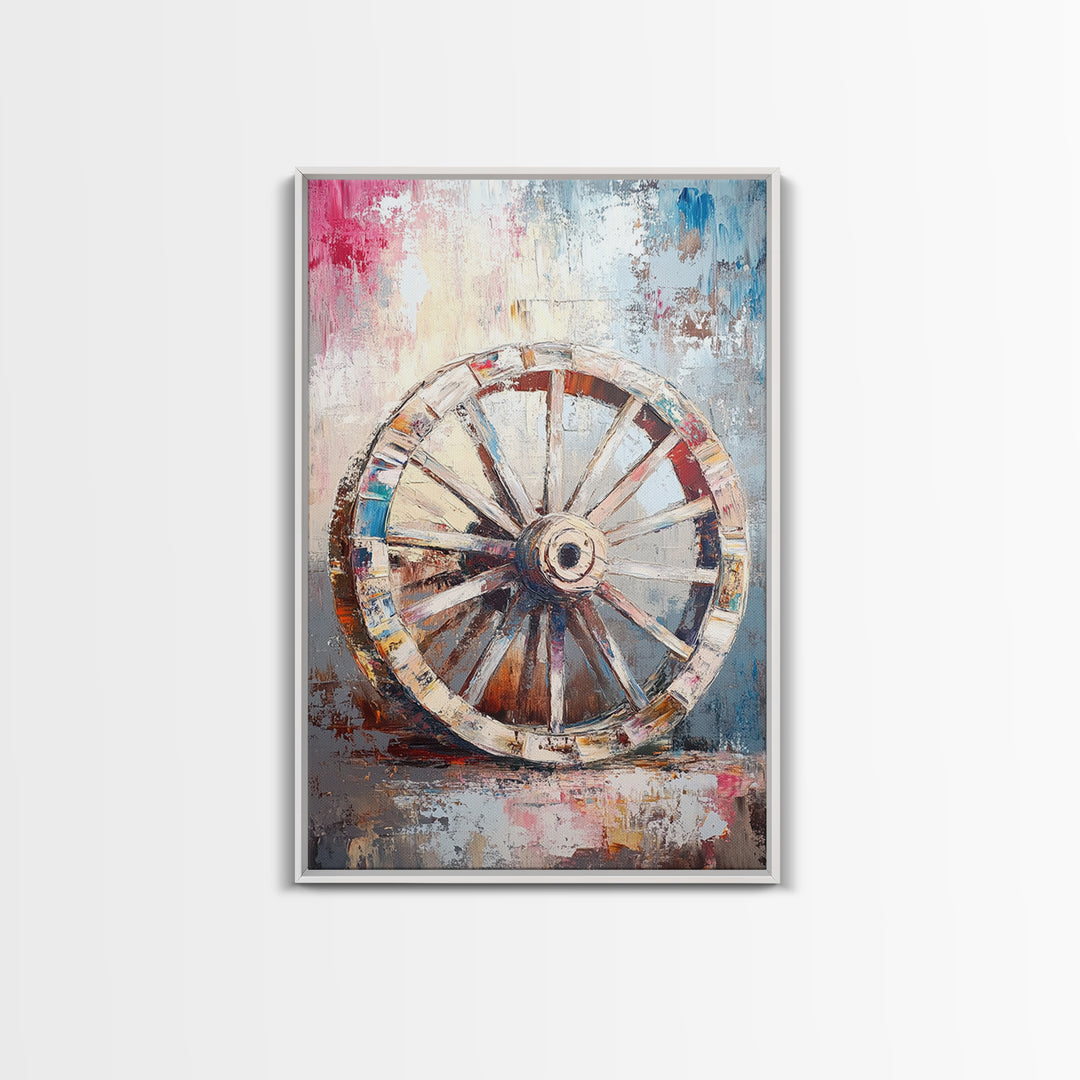 Abstract Rustic Wheel, Mosaic Wall Art, Teal Wall Art, Framed Canvas Print, Southwest Aesthetic, Moody Art, Farmhouse Decor, Gift Idea