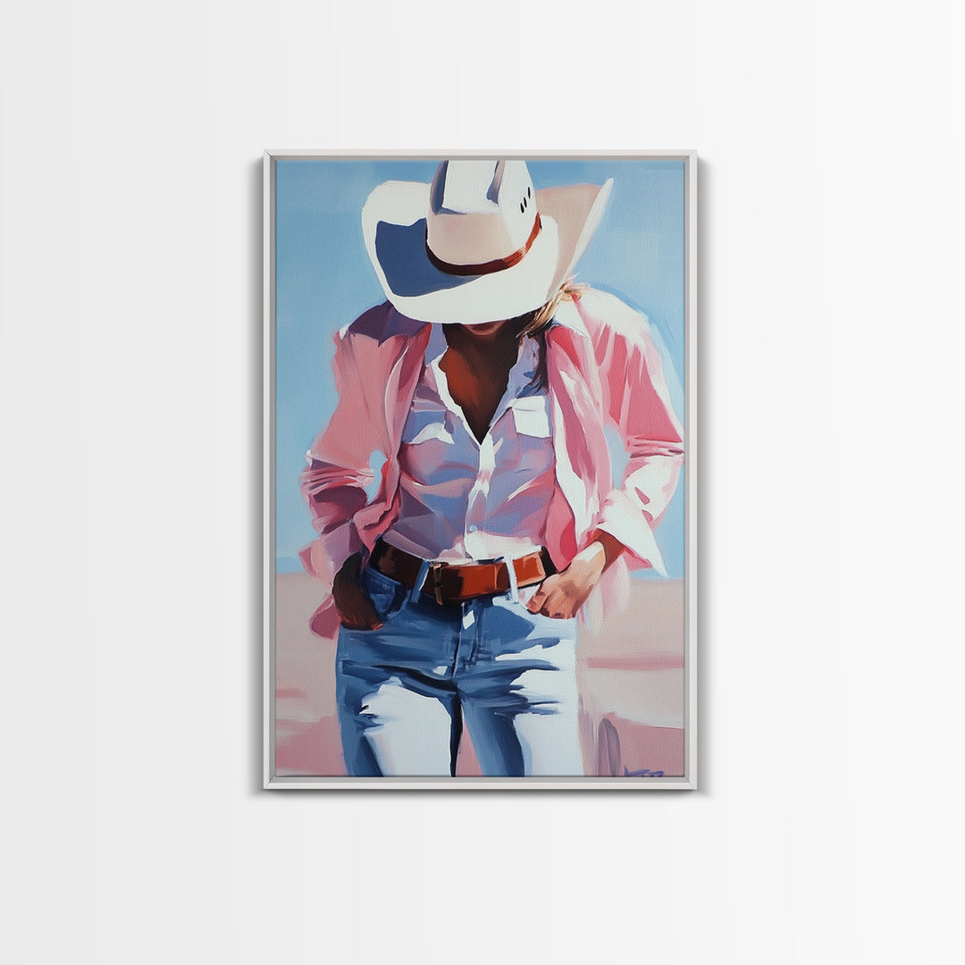 Cowgirl Painting, Coastal Cowgirl Wall Art, Western Decor, Framed Canvas Print, Rustic Aesthetic, Light Pink Wall Art, Gift Idea