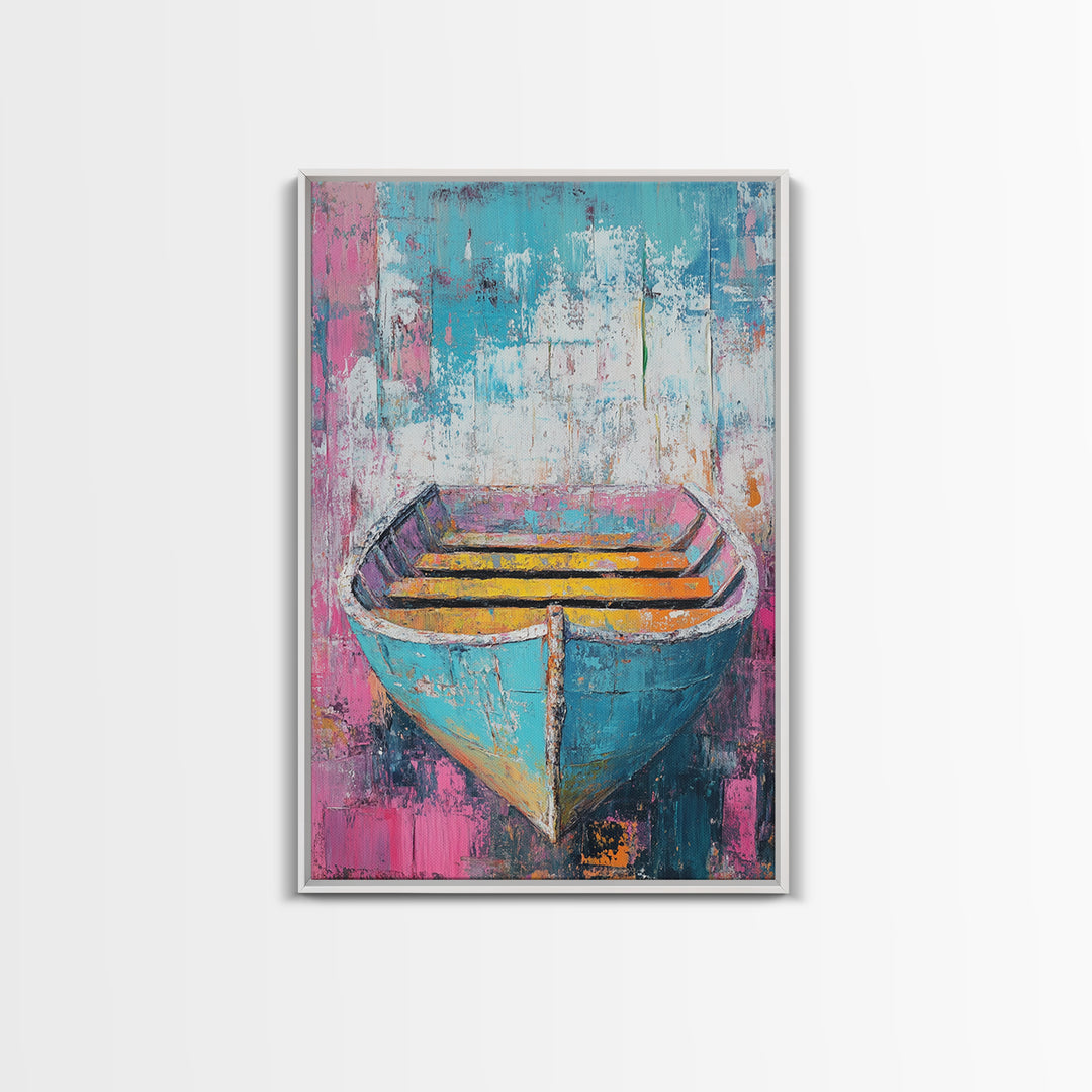 Blue Rowboat Painting, Nautical Painting, Coastal Wall Art, Rustic Decor, Extra Wide Art, Canvas Print, Farmhouse Art, Moody Art