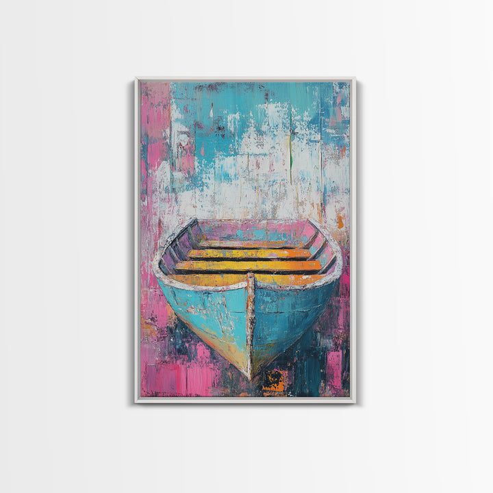 Blue Rowboat Painting, Nautical Painting, Coastal Wall Art, Rustic Decor, Extra Wide Art, Canvas Print, Farmhouse Art, Moody Art