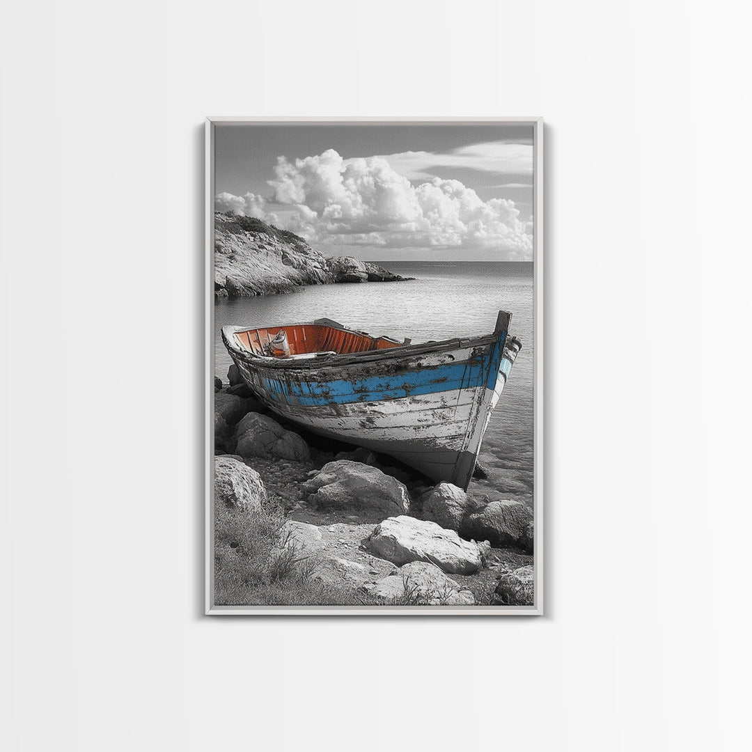Rustic Boat Painting, Coastal Decor, Nautical Wall Art, Seascape Painting, Beach House Art, Gift Idea, Canvas Print, Wabi Sabi Art