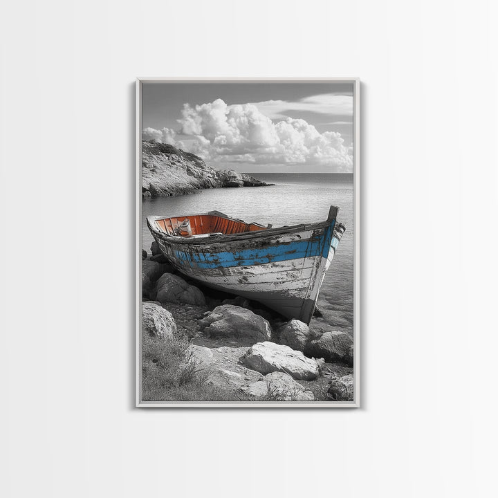 Rustic Boat Painting, Coastal Decor, Nautical Wall Art, Seascape Painting, Beach House Art, Gift Idea, Canvas Print, Wabi Sabi Art