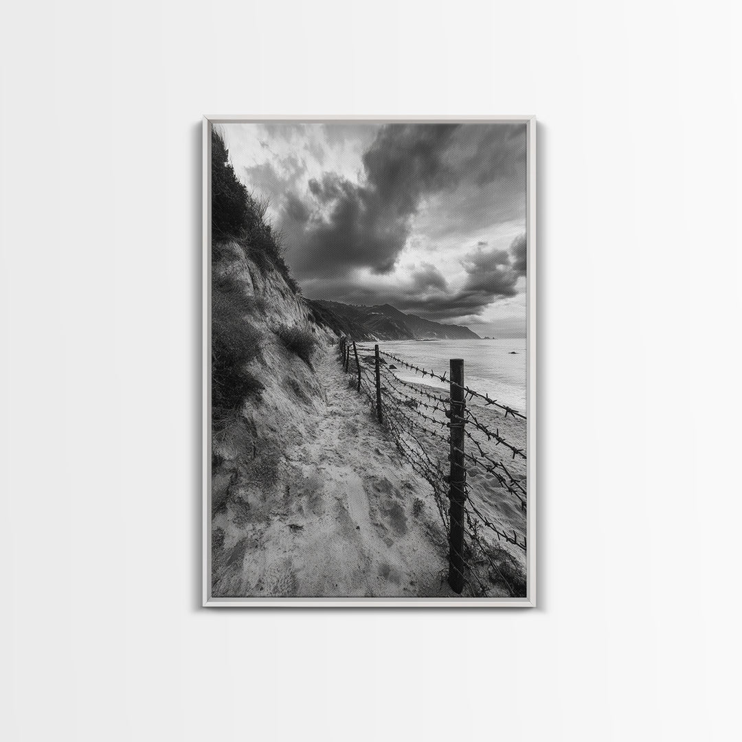 Coastal Path, stormy beach, dramatic sky, coastal wall art, black and white, framed canvas print, moody landscape, nautical decor