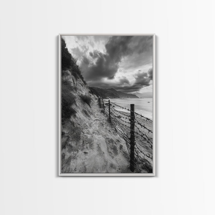 Coastal Path, stormy beach, dramatic sky, coastal wall art, black and white, framed canvas print, moody landscape, nautical decor