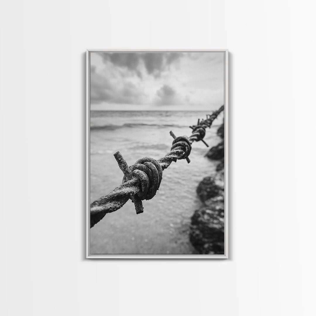 Barbed Wire, ocean view, rustic decor, coastal cowgirl wall art, wabi sabi art, moody photography, framed canvas print, minimalist art