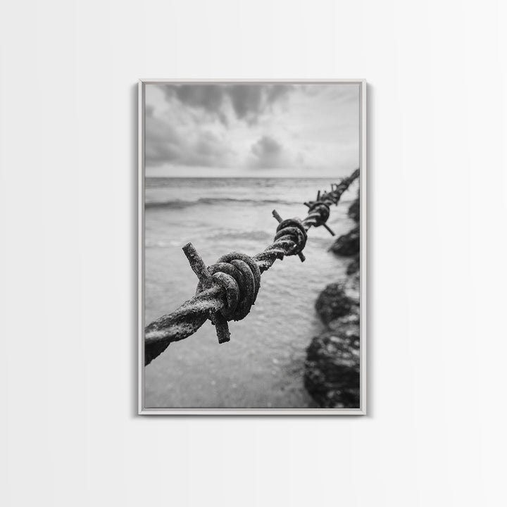 Barbed Wire, ocean view, rustic decor, coastal cowgirl wall art, wabi sabi art, moody photography, framed canvas print, minimalist art
