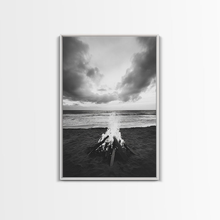 Beach Bonfire, coastal landscape art, rustic decor, moody art, dramatic seascape, black and white, framed canvas print, nautical wall art